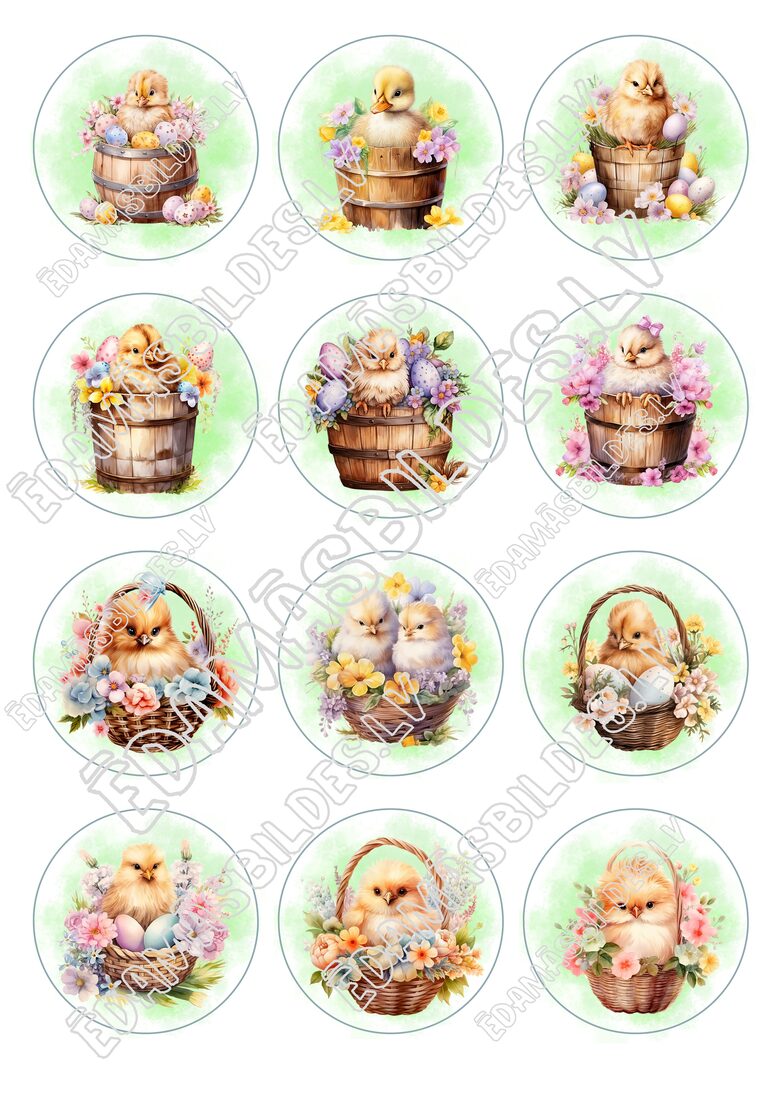 Cukura papīrs ar apdruku " Cālīši", aplīši 6 cm